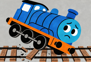 Illustration of Thomas the train engine to represent the post about test environments: the tracks for agile release trains
