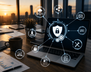 Digital illustration of security with a laptop in background