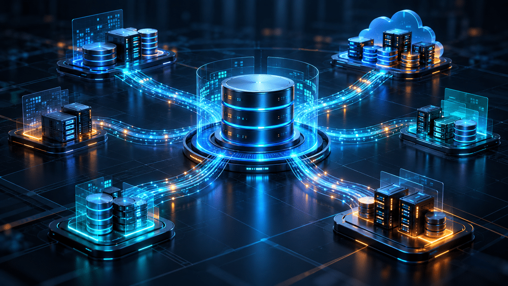A central database connects through glowing blue pathways to six different data platforms, representing test data management alternatives.