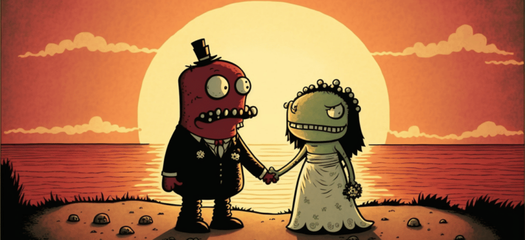 Illustration of an alien couple in their wedding dress