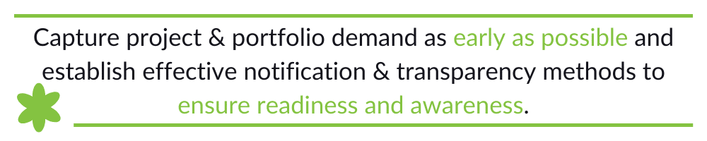 Capture project & portfolio demand as early as possible and establish effective notification & transparency methods to ensure readiness and awareness.