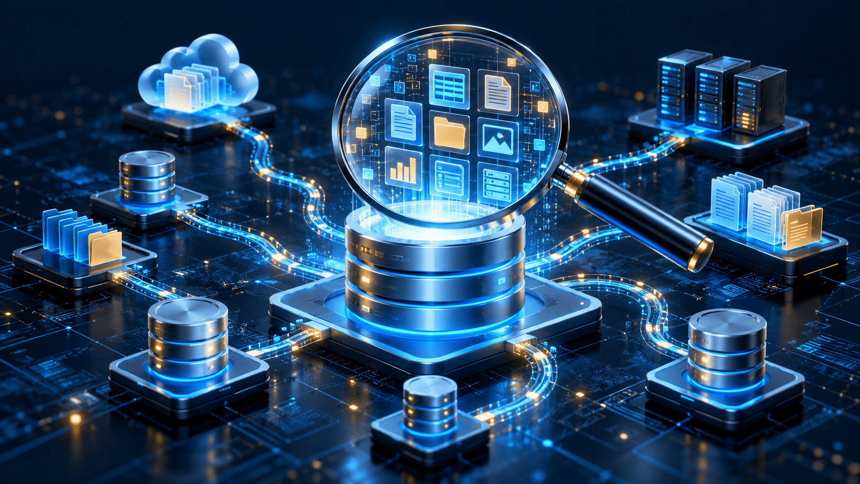 Magnifying glass revealing data files above a central database connected to cloud storage, servers, and other databases by glowing blue pathways.