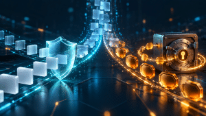 Digital data splitting into two paths: masked tiles passing through a blue shield and orange tokens linked to a secure vault.