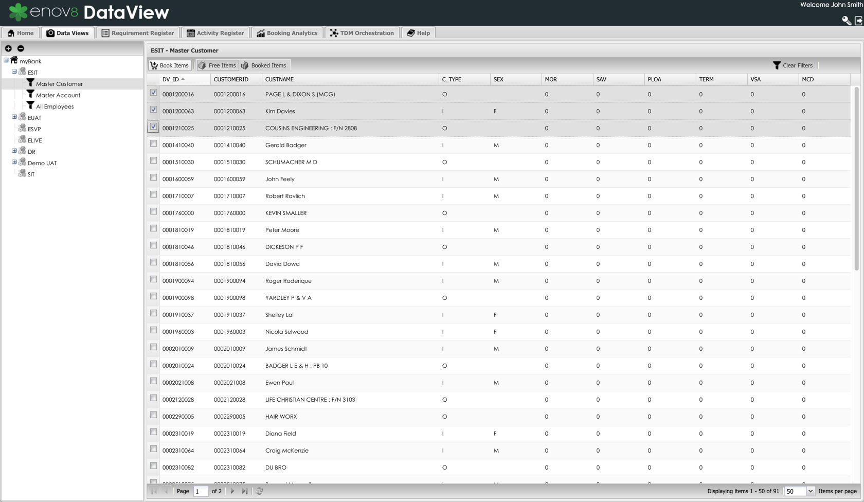 Enov8's DataView Core View Screenshot for Test Data Management
