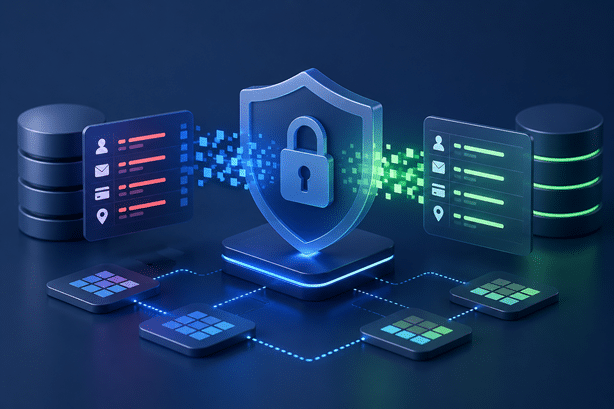 Delphix data masking illustration showing sensitive data transformed into protected data through a secure masking process.
