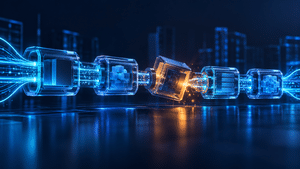 Glowing blue DevOps pipeline with one misaligned stage illuminated in orange.