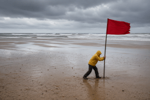 A person holding a red flag, symbolizing red flag warning