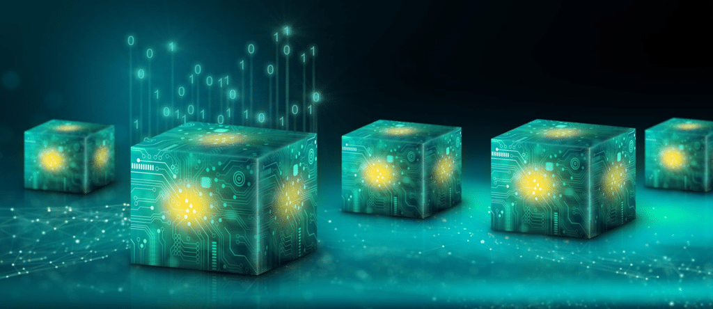 Digital illustration of boxes, representing data and devops