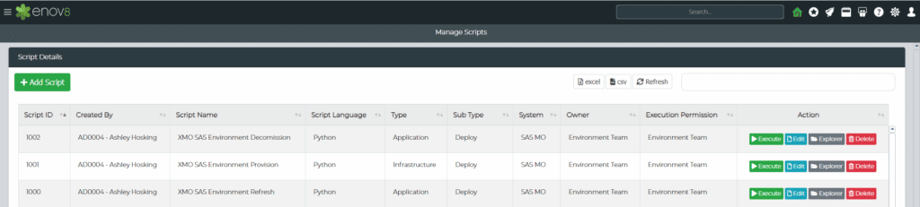 A screenshot of Enov8 automating environment provision decommision