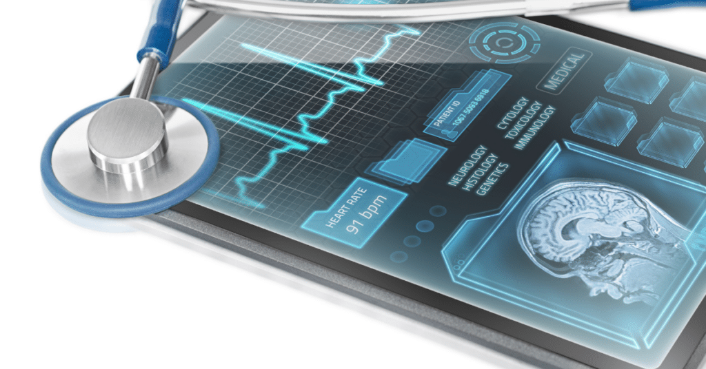 Digital illustration of a stethoscope and a healthcare device to support the post titled data compliance in healthcare 
