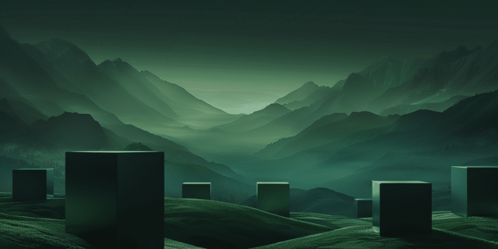 An abstract image of square stones against mountain scenery designed to evoke the vibe of a test environment.