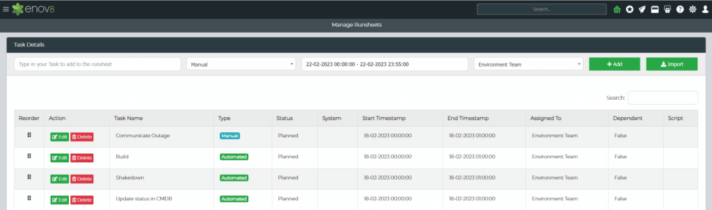 Enov8 Runsheet Screenshot