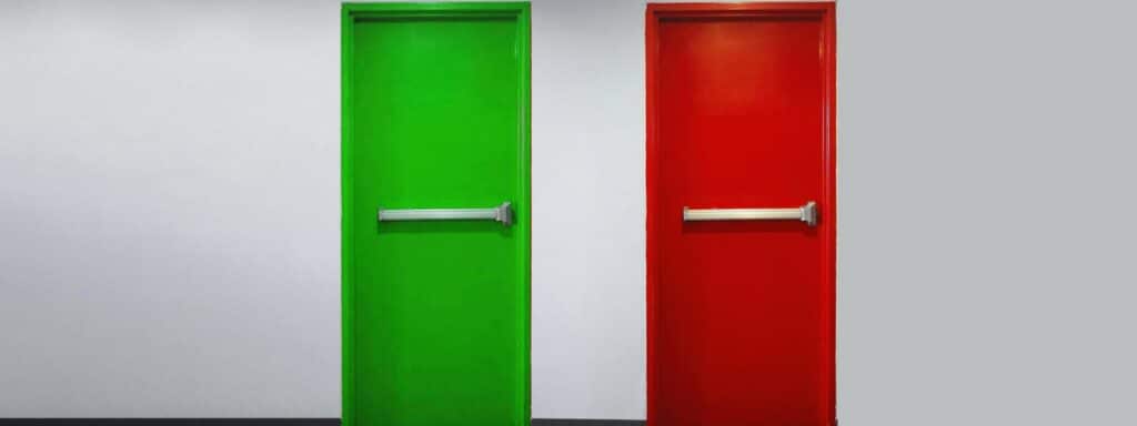 Red and green doors meant to depict entry and exit criteria in software testing.