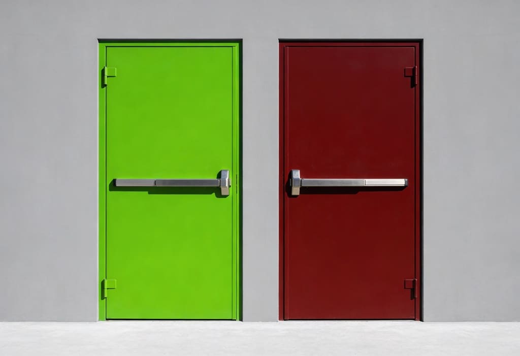 Red and green doors meant to depict entry and exit criteria in software testing.