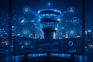 Futuristic command center and AI control tower with holographic visuals