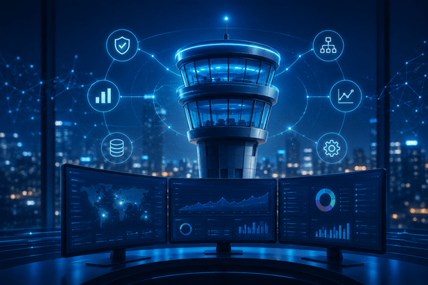 Futuristic command center and AI control tower with holographic visuals
