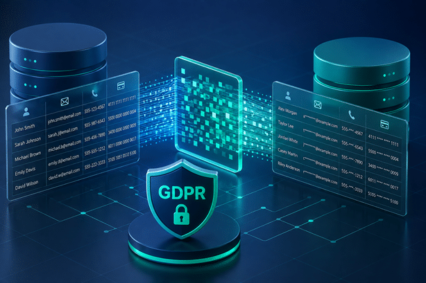 GDPR data masking illustration showing sensitive personal data transformed into protected data for development and testing.