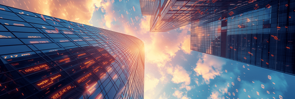 View of sun shining between 2 skyscrappers