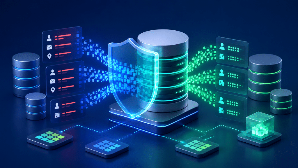 IBM Optim data masking illustration showing sensitive data flowing through a security shield and transforming into protected test data.