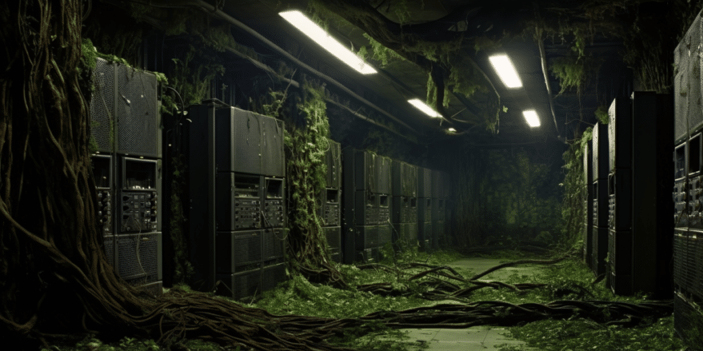 Image of an old building overgrown with plants