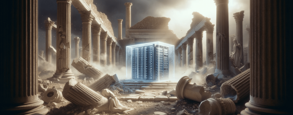 Illustration of a resilient data center standing amid ancient ruins and collapsed columns, symbolizing IT resilience, business continuity, and disaster recovery in a challenging environment.