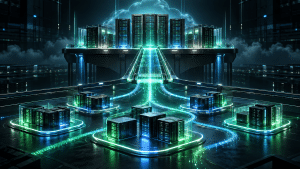 Lower and upper IT environments connected by glowing data pathways in a futuristic server infrastructure.