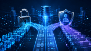 Digital data stream splitting between a padlock for encryption and a shield for data masking.