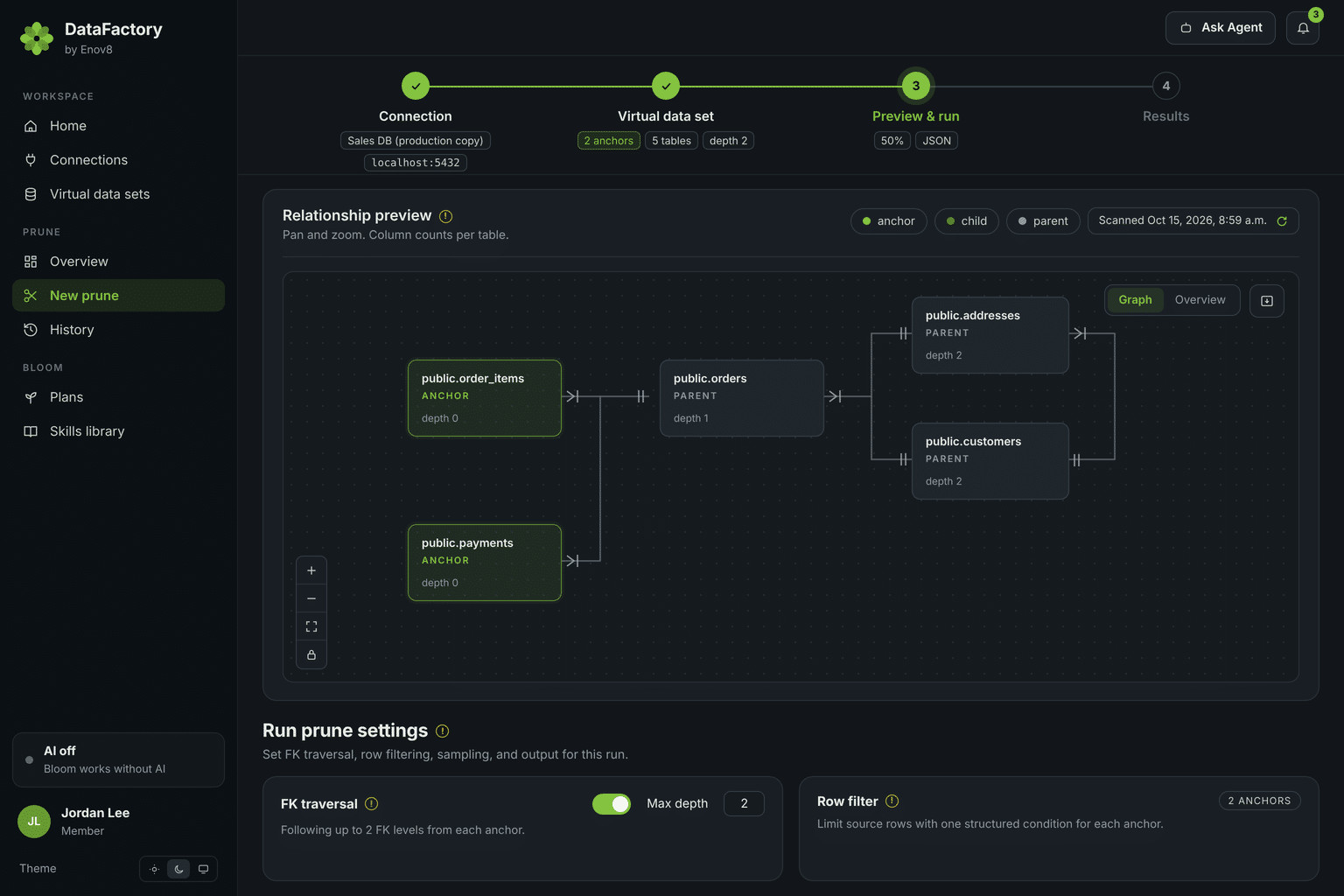 Enov8 DataFactory prune relationship preview