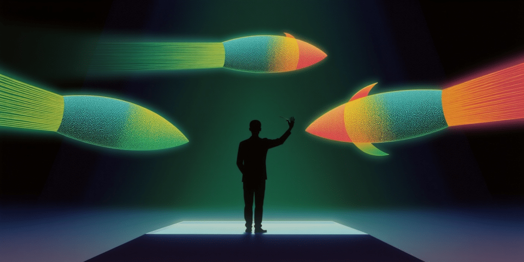 An abstract image of a man directing rockets, intended to represent the concept of release management.