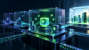 Futuristic preproduction environment with interconnected servers, databases, automated validation checks, and security controls glowing in blue and green.