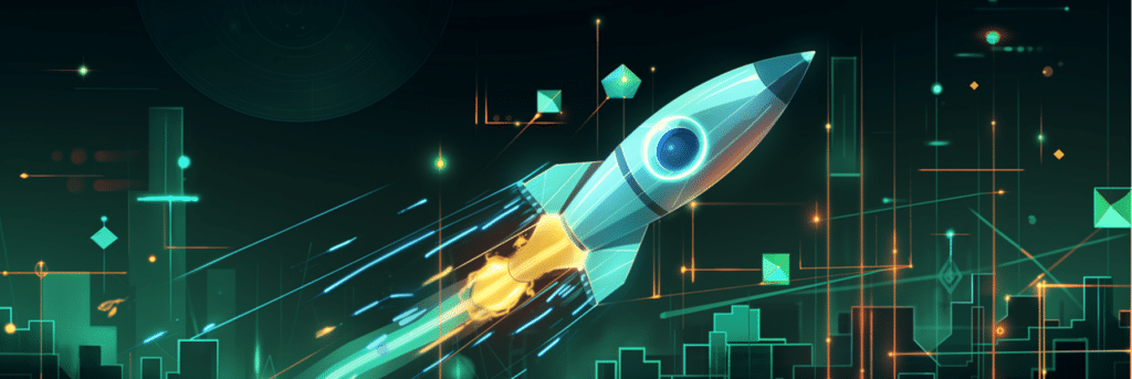 An abstract rocket over a city-scape, intended to depict improvement in release management.