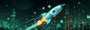 An abstract rocket over a city-scape, intended to depict improvement in release management.