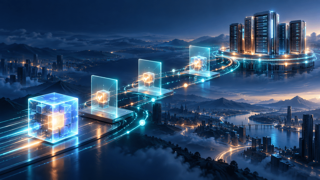 Glowing software packages move through checkpoints toward production servers, illustrating controlled release management in ITIL.