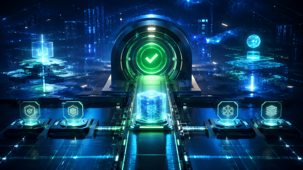 Futuristic software release passing through a glowing green readiness checkpoint in a digital enterprise environment. Release Readiness.