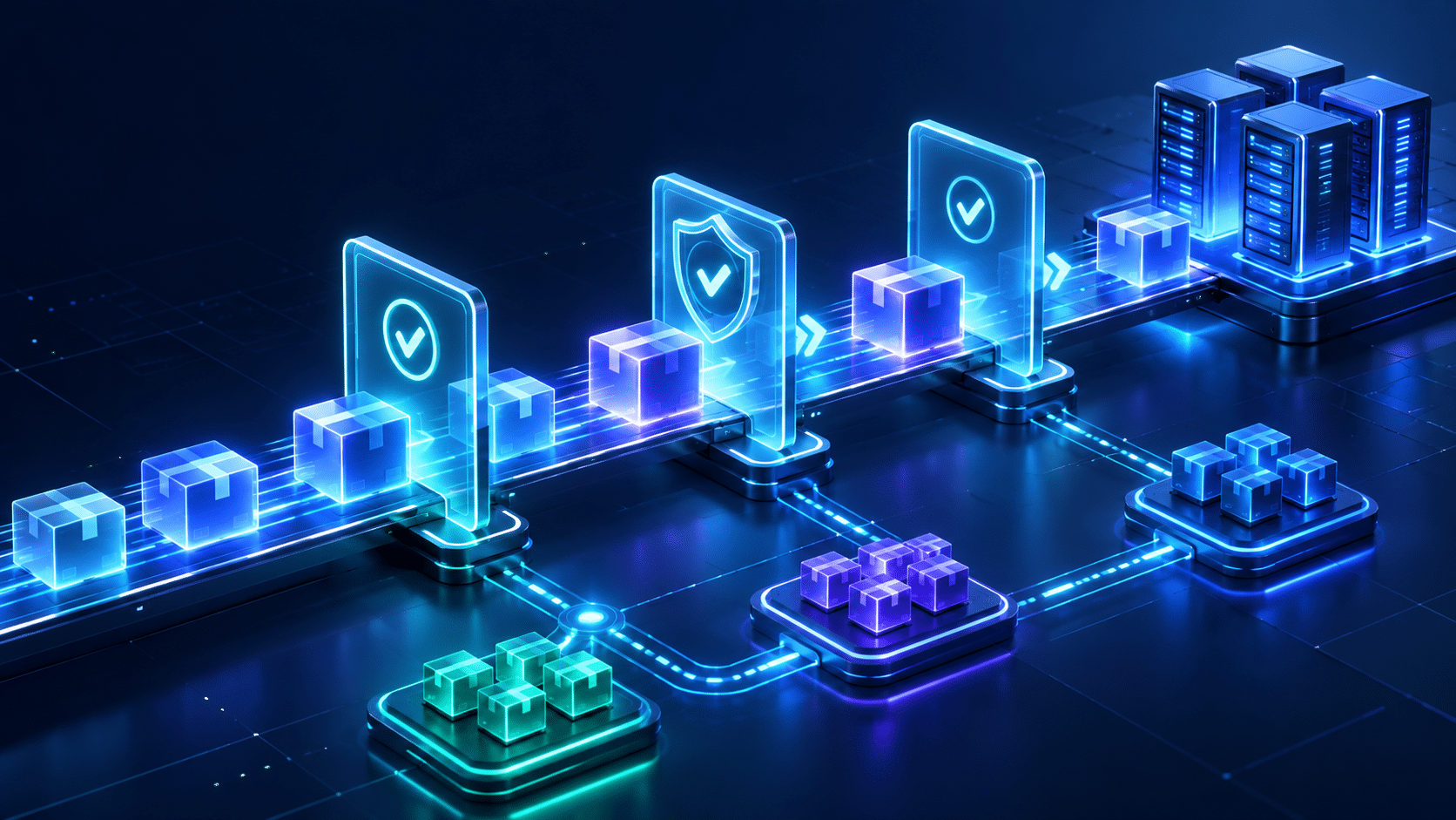 Glowing software packages pass through approval checkpoints toward production servers, illustrating release governance across connected environments.