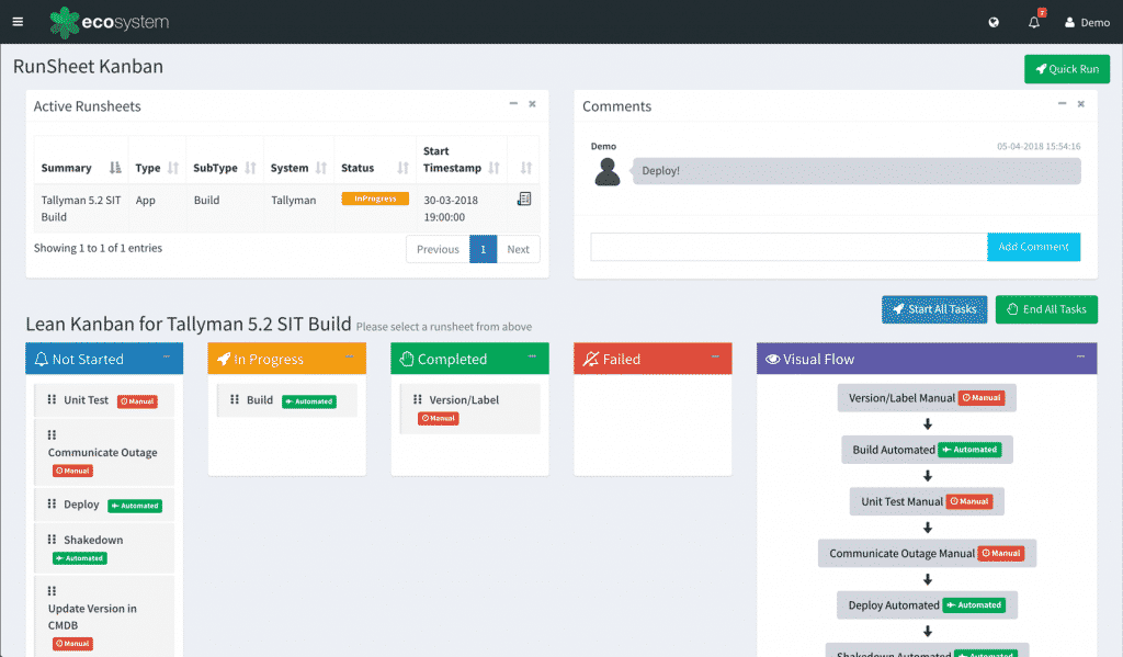 Enov8 Portfolio and Enterprise Release Management - Runsheet Kanban