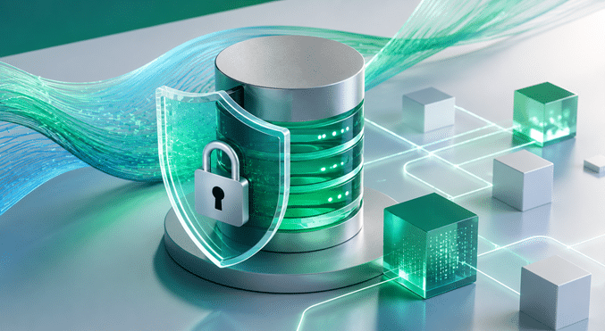 Abstract illustration of SAP HANA data masking showing secure data transformation between production and non-production databases with cybersecurity and encryption elements.