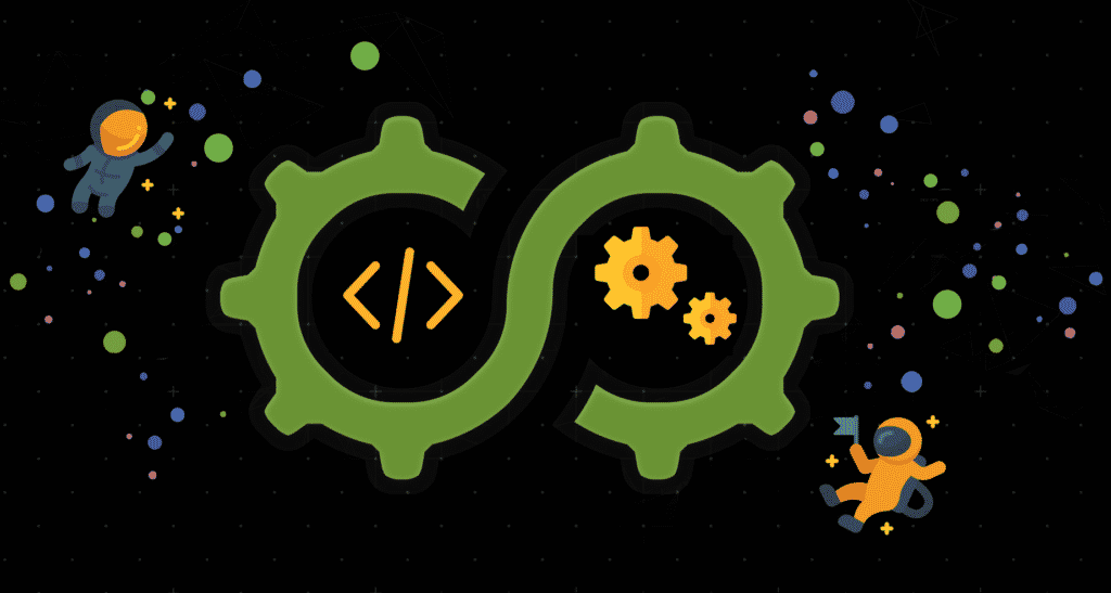 Illustration of interconnected gears and code symbols representing environment resilience and SRE