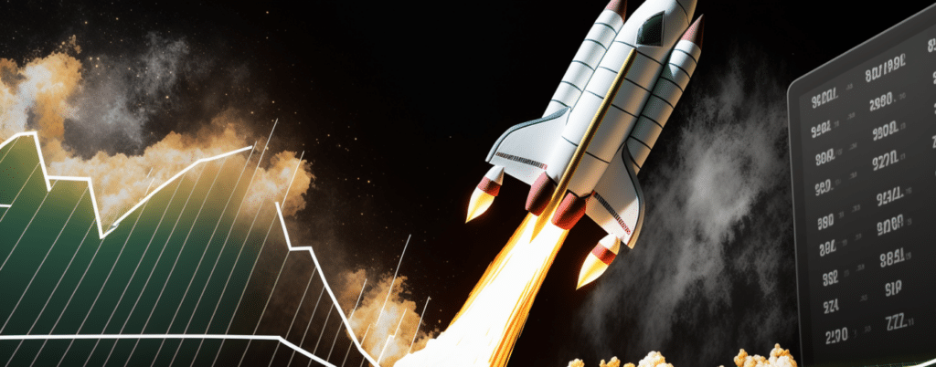 Illustration of a space shuttle and share transformation for the post titled Digital Transformation During a Market Downturn