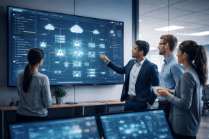 Team reviewing enterprise architecture governance diagram