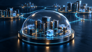 Miniature servers and glowing data cubes enclosed in a glass dome, representing an isolated test environment within a larger software infrastructure.