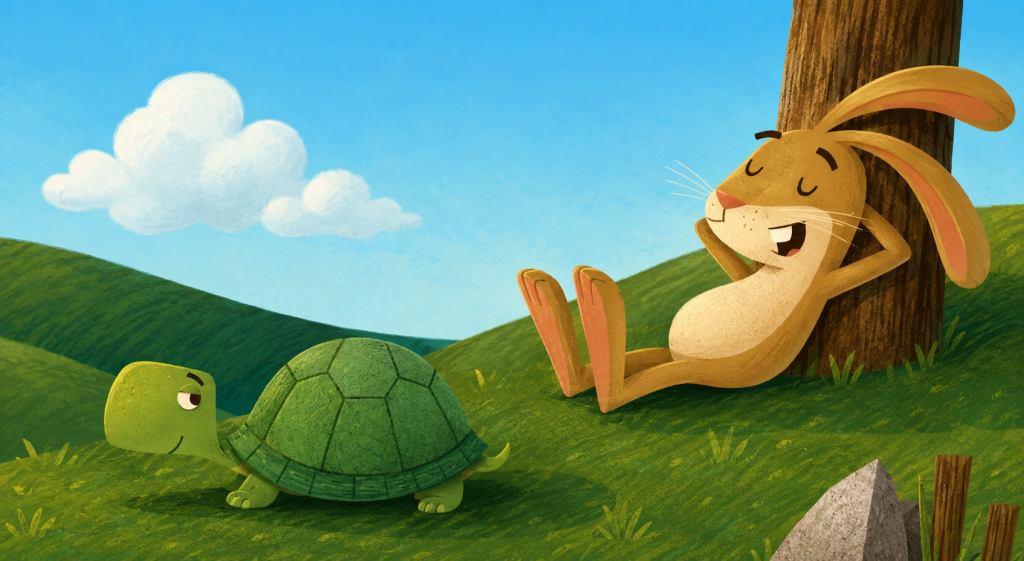 Tortoise and a hare under a tree illustration