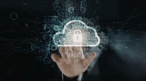 AWS data masking and hand pushing a lock in the cloud.