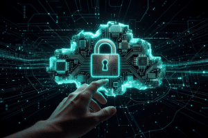 AWS data masking and hand pushing a lock in the cloud.
