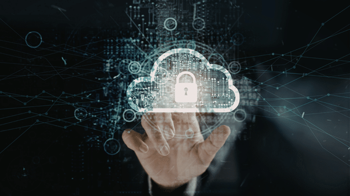 Absstract photo of AWS data and person pressing a lock to represent cloud security.