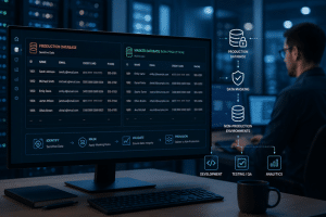 MariaDB data masking workflow displayed on an enterprise database dashboard showing how sensitive production data is transformed into secure non-production test data for QA, development, and analytics environments.