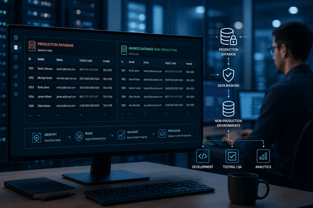 MariaDB data masking workflow displayed on an enterprise database dashboard showing how sensitive production data is transformed into secure non-production test data for QA, development, and analytics environments.