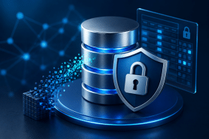 3D illustration of a secure database protected by a shield and padlock, with pixelated data transforming into obfuscated information to represent data obfuscation for secure development and testing.