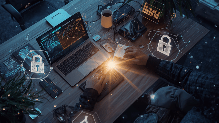 A person working at a desk with multiple devices, glowing digital locks floating around to show data risk assessment.