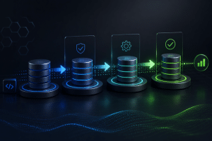 Database deployment pipeline showing database changes moving through development, testing, staging, and production environments.